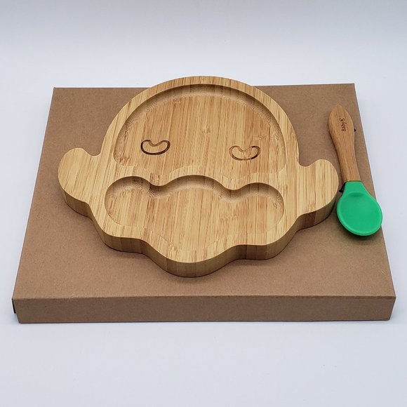 Baby K NIB Bamboo Divided Sheep Plate with Suction & Green Spoon Set - 6 Months - Picture 2 of 16